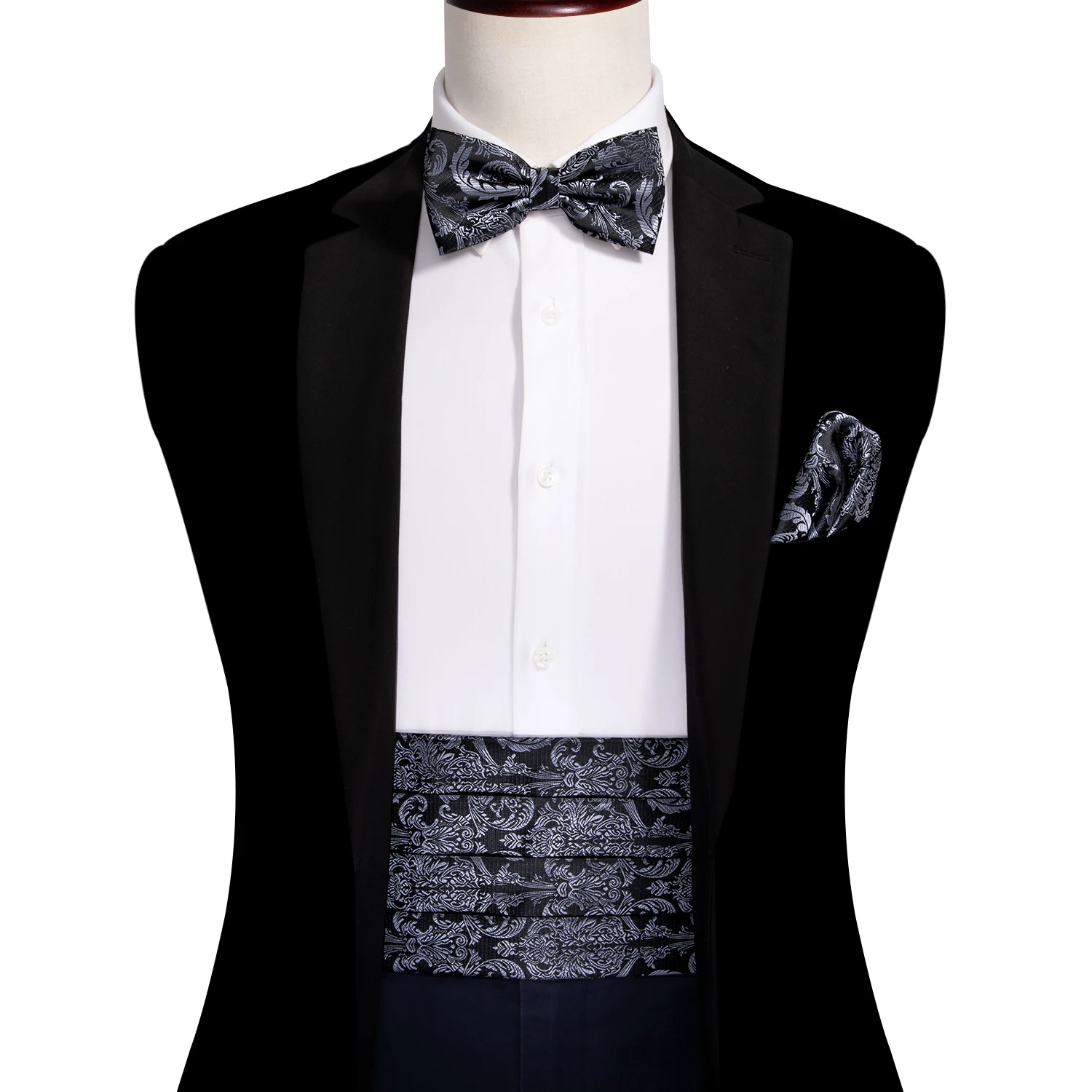 Esmoquin de Cachemira de seda para hombre, corbata de lazo, conjunto cuadrado de bolsillo, cinturón elástico ancho Formal negro para hombre, fiesta de boda, Tony. Wang