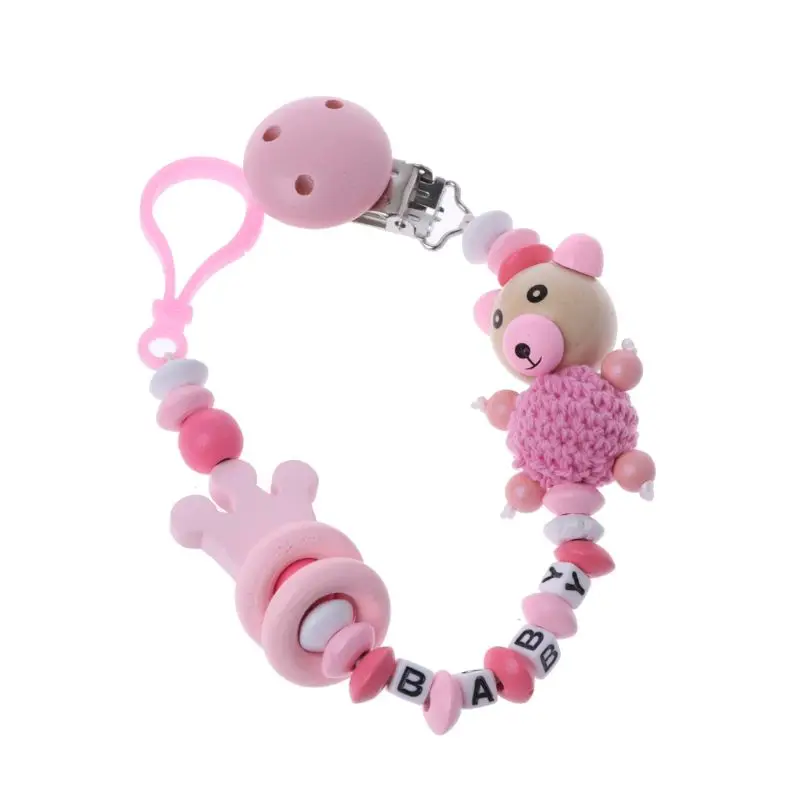 Детская Соска с зажимом и цепочкой для маленьких мальчиков и девочек, милый мультяшный медведь, буквы-игрушки, прорезыватель, соска с цепочкой, держатель для соски для кормления ребенка - Цвет: Розовый