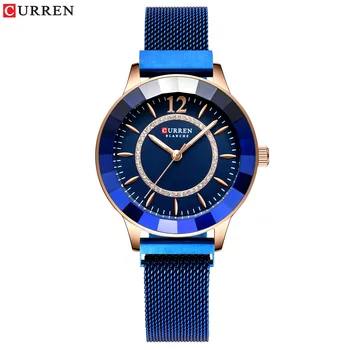 

CURREN New Rhinestone Fashion Quartz Mesh Steel Watch for Women Causal Blue Ladies Watch bayan kol saati Classy Luxury Clock