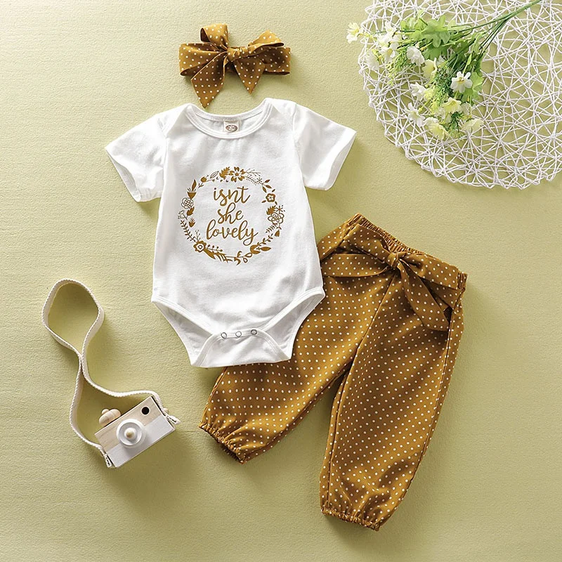 

Autumn Baby Girl Cute Long Sleeve Letters Romper Tops Dot Print Trousers Headband Outfits Clothes