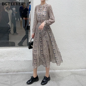 

BGTEEVER Vintage O-neck Print Women A-line Dress Spring Summer Full Sleeve Lace-up Female Dress 2020 Elegant Vestidos femme 2020