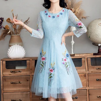

Lace party dress xl 2020 NEW High quality Sweet spring Women Clothing O Neck summer Dress A Line embroidery Floral girls dresses