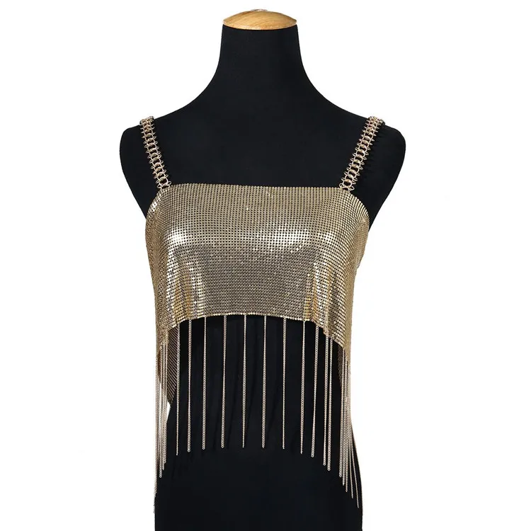 Sexy Metal Suspender Tanks Women Summer BLING Sequins Tassels Body Chest Chain Bra Girls Party Dance Top Shirts Femme Nancylim