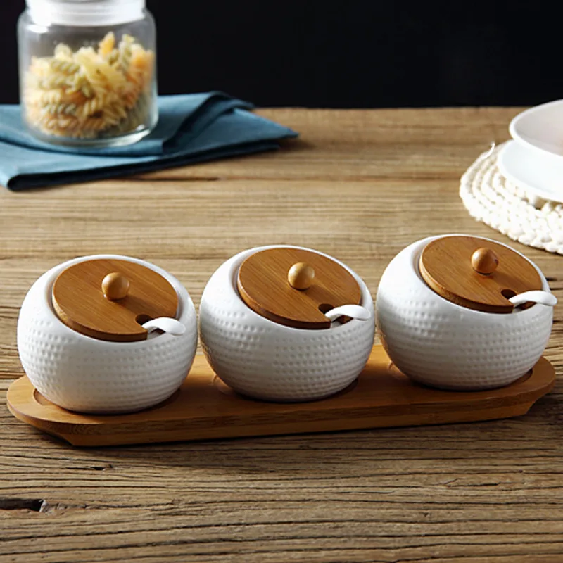 

3PCS Ceramic Spices Jars Kitchen Salt Pepper Sugar Organizer Container Box With Wood Lid Spoon Condiment Spices Rack Shelf Tray
