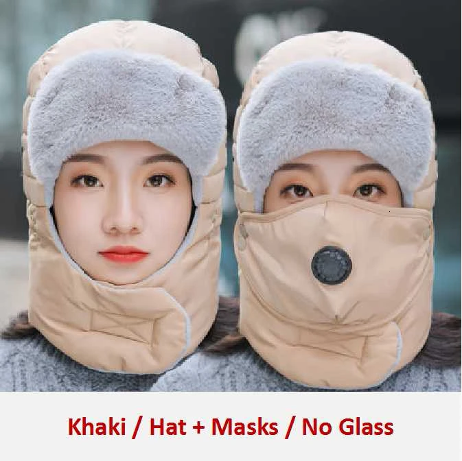 Khaki No Glass Зимняя шапка, шарф, набор для мужчин и женщин, шапки-бомберы, плюшевые ушанки, ветрозащитные очки, лобовое стекло, пилот, лыжная езда, искусственный мех, шапки-бомберы - Цвет: Khaki No Glass