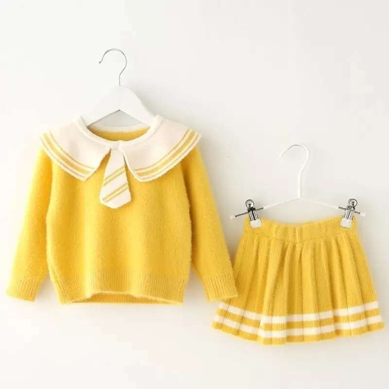 Yellow НОВЫЕ комплекты одежды для детей в школьном стиле; осенний вязаный свитер; плиссированная юбка; Милые комплекты из 2 предметов для маленьких девочек; Детские костюмы - Цвет: Yellow