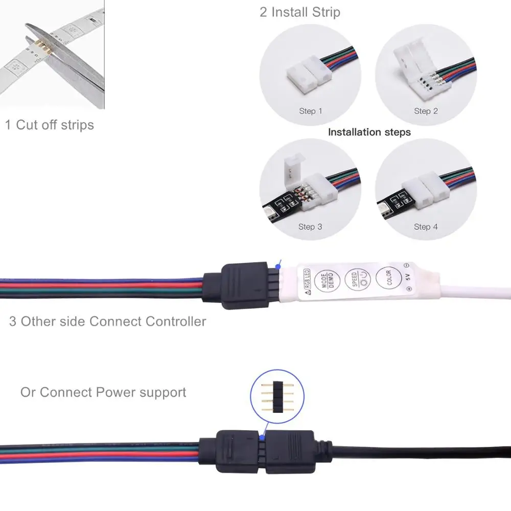 Angcai 2/4 Pin светодиодные полосы света разъем комплект Pigtail Solderless 5-24 в 10 мм 5050 RGB многоцветный Один Цвет DC DIY