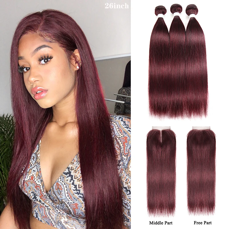 Special Price Human-Hair-Bundles Closure Kemy Hair 99j/burgundy Straight Red-Color Brazilian with 4x4 jaO85NEL