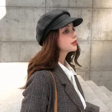 Joker Octagon Hat Japanese Literary Plaid Cap British Retro Male and Female Painters Hat Beret