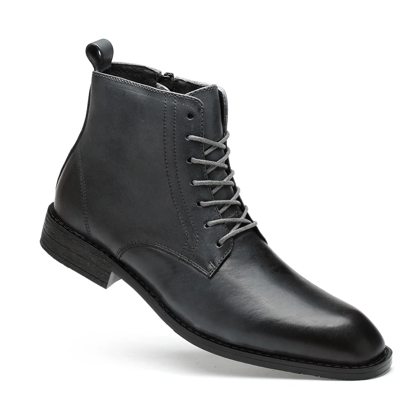 High Quality Cattle Leather Men's High Boots Winter Plus Velvet Shoes Large Size Shoes Men Genuine Leather Boots Big 36-47 - Цвет: gray