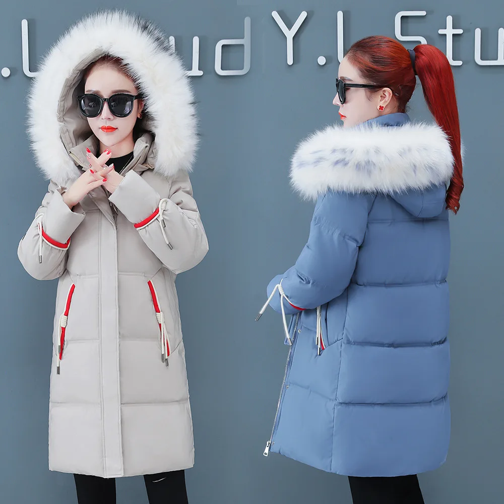 

Large Size Dress Winter off Season White Large Fur Collar Women's Mid-length Thick Loose Cotton Overcoat