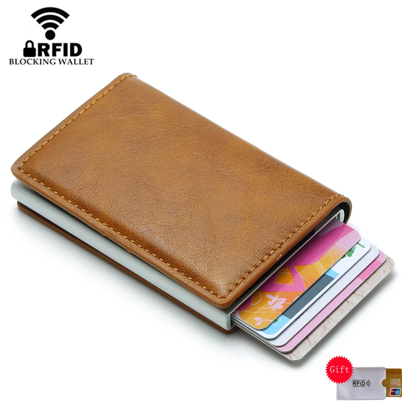 Bycobecy Unisex Vintage Credit Card Holder Wallet Rfid Blocking Card Wallet PU Leather Antitheft Aluminum Metal Card Case