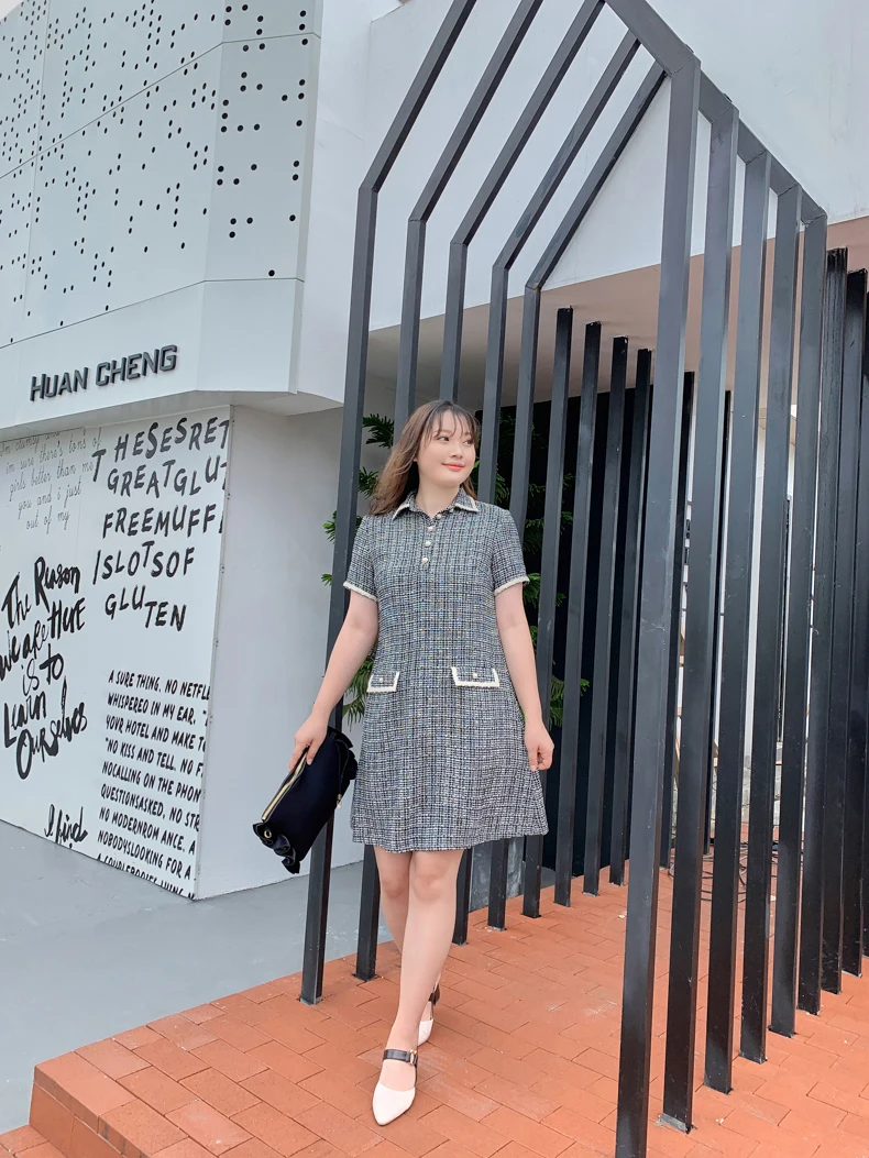 Toleen Elegant Women Dress Plus Size Dress Lace Shirt Collar Black And White Check Pocket Pearl Button Female Dress