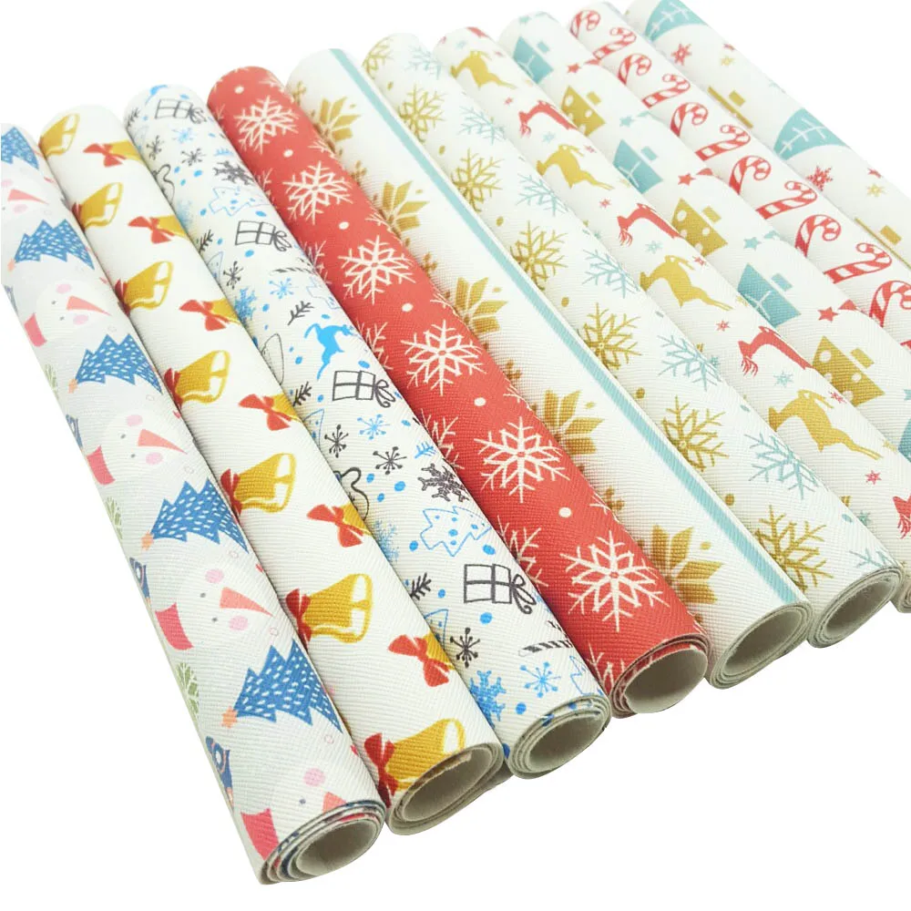 10 pcs QIBU 10 шт. Рождественская искусственная кожа с тиснением мультяшный колокол печать бант листы искусственная кожа синтетический винил ткань для бантов - Цвет: 10 pcs