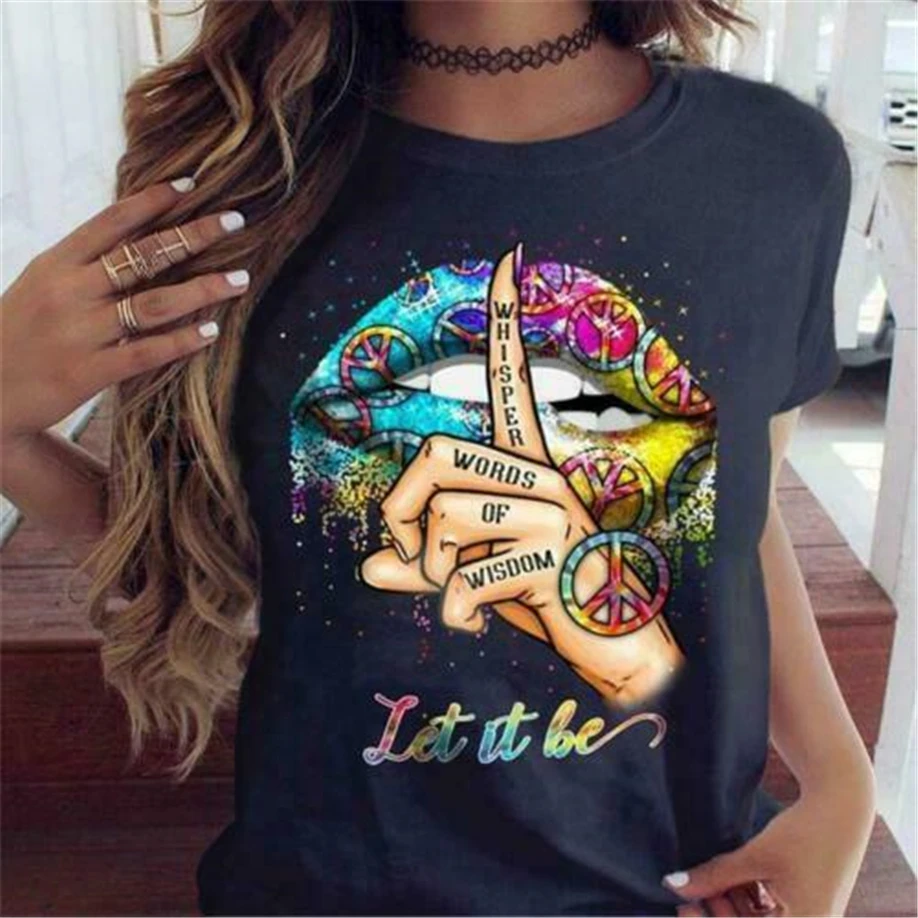 

Colorful Lips Hippie Whisper Words Of Wisdom Let It Be Ladies T-Shirt Cotton Harajuku Tops Fashion Classic Tee Shirt