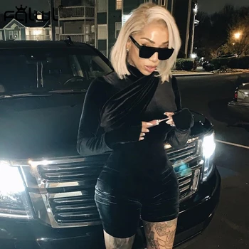 

FQLWL Velvet Sexy Club Black Rompers Womens Jumpsuit Female Playsuit Pleated Long Sleeve Ladies Short Jumpsuit Women Overalls