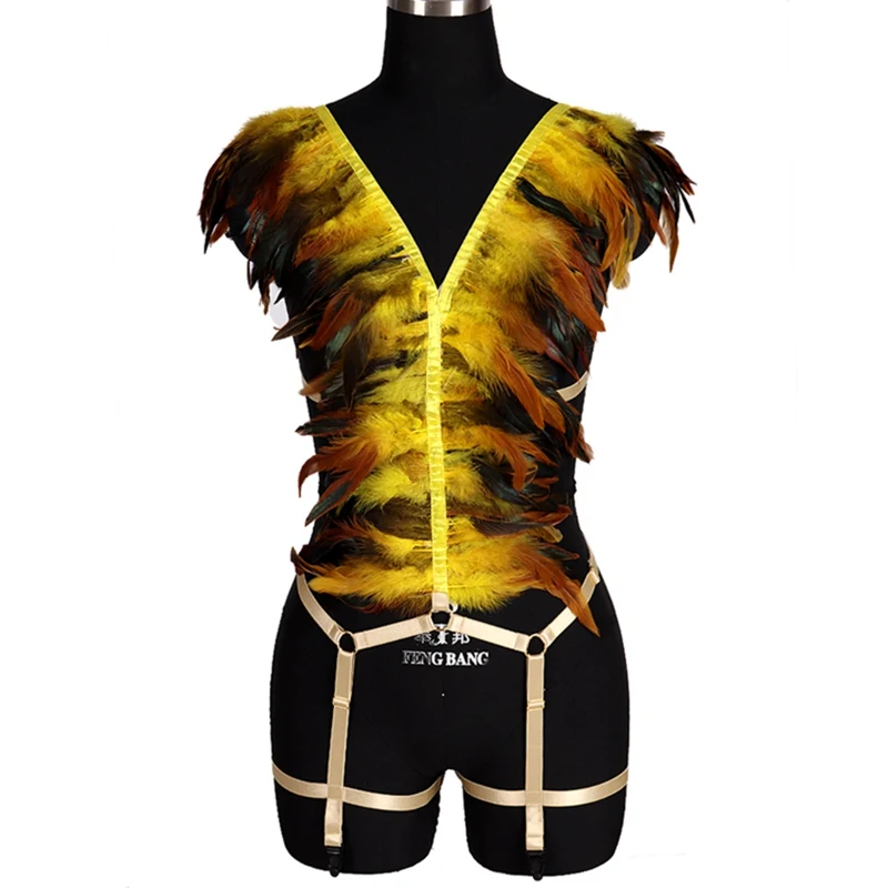 MLCO0014YELLOW Перьевые эполеты крылья Готический Rave перо платье BurningMan боди жгут белье зеленый бандаж Подвязки Пояс искусство одежда - Цвет: MLCO0014YELLOW