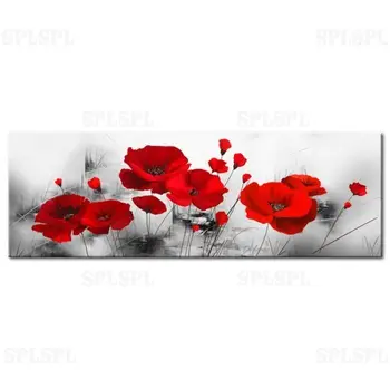 

Modern Painting Gray Garden Nature Flowers Artistic Plants Gray / Red Poppies On Canvas for Living Room Home Decor