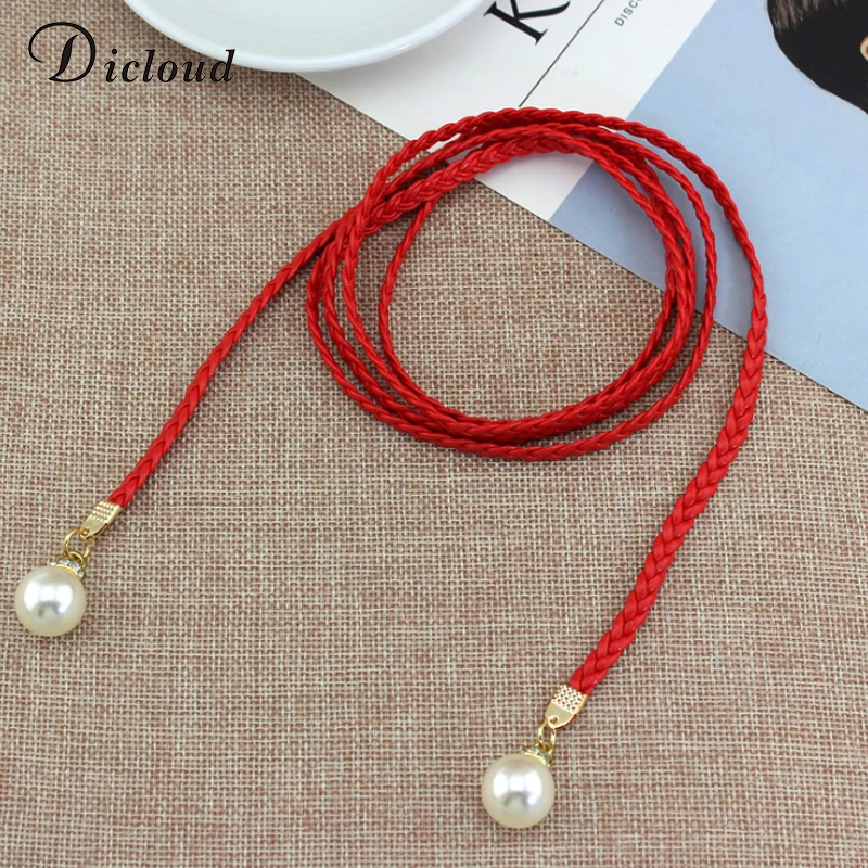 DICLOUD Boho тканые ремни с жемчугом для женщин модные Завязывающиеся на шнуровке пляжный стиль украшения для женщин - Цвет: Red