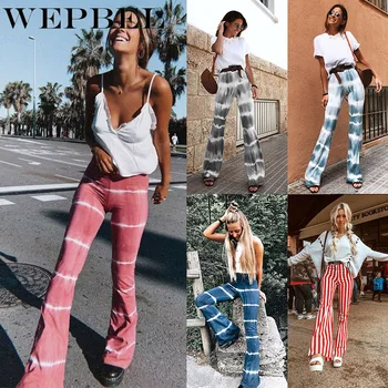 

WEPBEL Summer Pants Women's Fashion Loose Casual Printed Flare Pants Casual Striped High Waist Pants