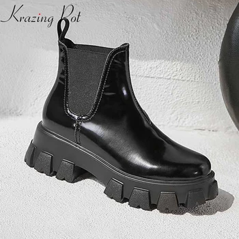 

krazing pot full grain leather round toe slip on wedges high heels platform boots casual keep warm black color ankle boots L30