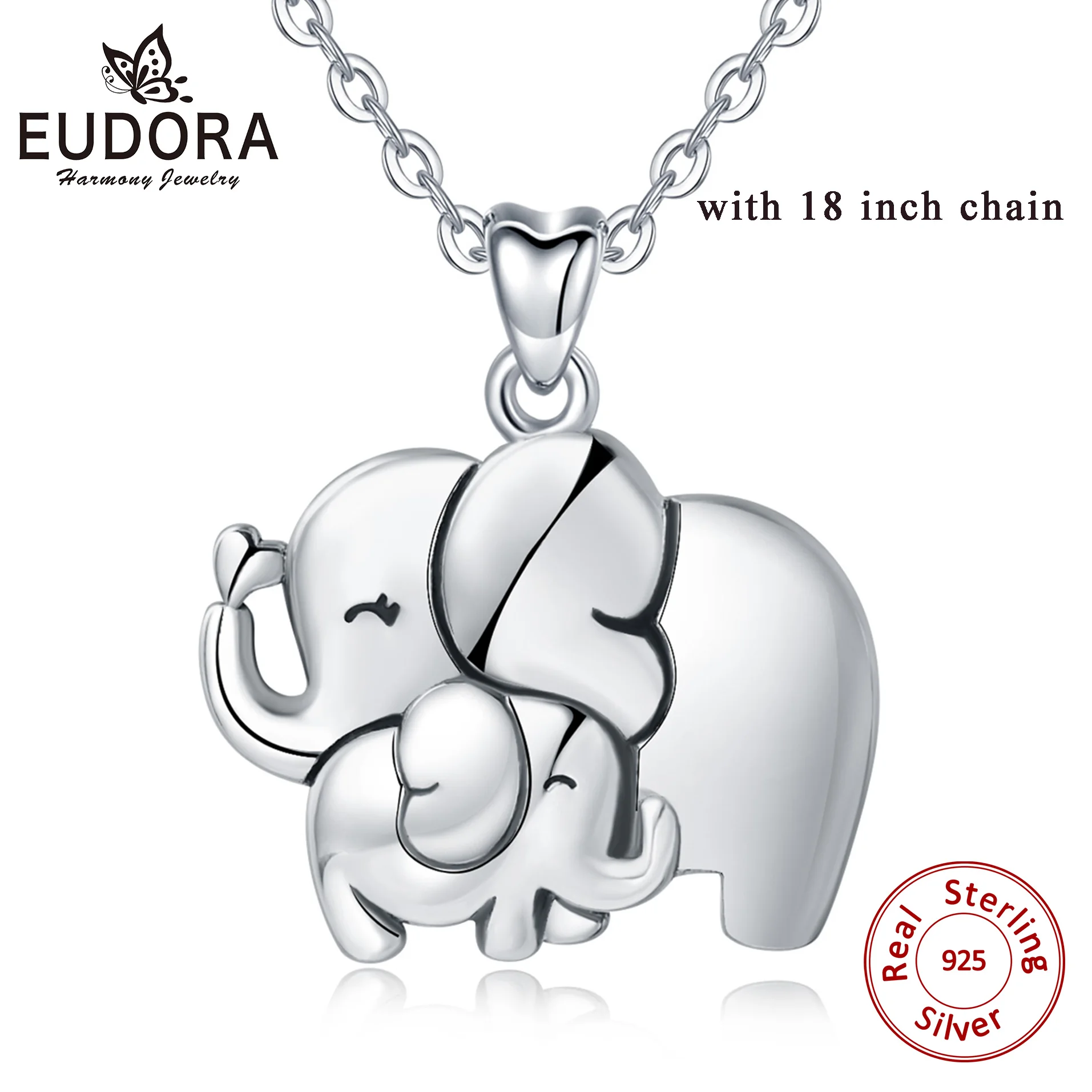with 18 inch chain EUDORA, Стерлинговое Серебро, подвеска в виде слона и слона, ожерелье с милыми животными, серия ювелирных изделий, подвеска в виде счастливой семьи Мамонтов D489 - Окраска металла: with 18 inch chain