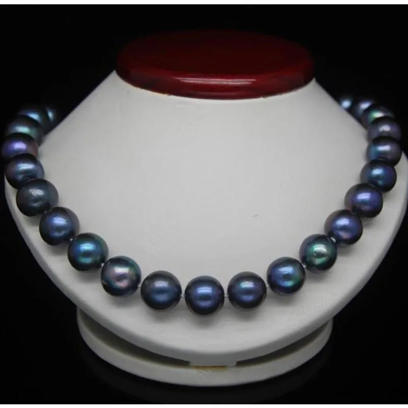 

18'' 10-11MM TAHITIAN BLACK BLUE PEARL NECKLACE 925silver GOLD Strand//String STYLE jj