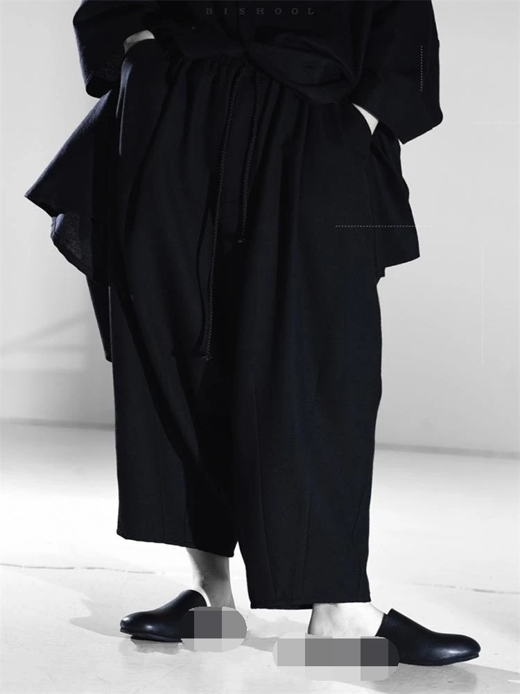 Men's Casual Pants Wide Leg Pants Culottes Spring And Autumn New Black Elastic Waist Super Loose Youth Fashion Harlan Pants
