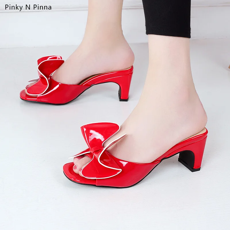 

2019 Summer New Style Women's Bow Peep-Toe Heel Slipper Fashion Outer Wear Sandals Single WOMEN'S Shoes Large Size