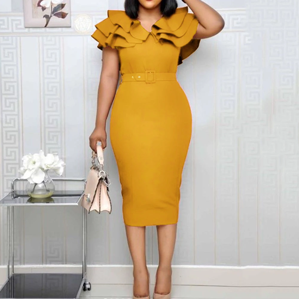 Цвет: желтый Mid-Calf Falbala Short Sleeve Pullover Plain Dress Women Summer Ruffle Elegant Wine Red Bodycon midi Dress(with belt - Цвет: Цвет: желтый