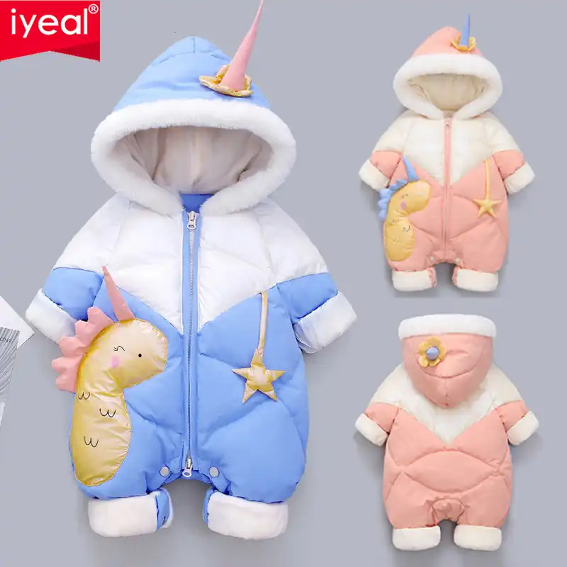 Iyeal女の赤ちゃん服アヒルダウンベビーロンパース冬厚い幼児オーバージャンプスーツフード付き幼児カバーオール防寒着 ロンパース Aliexpress