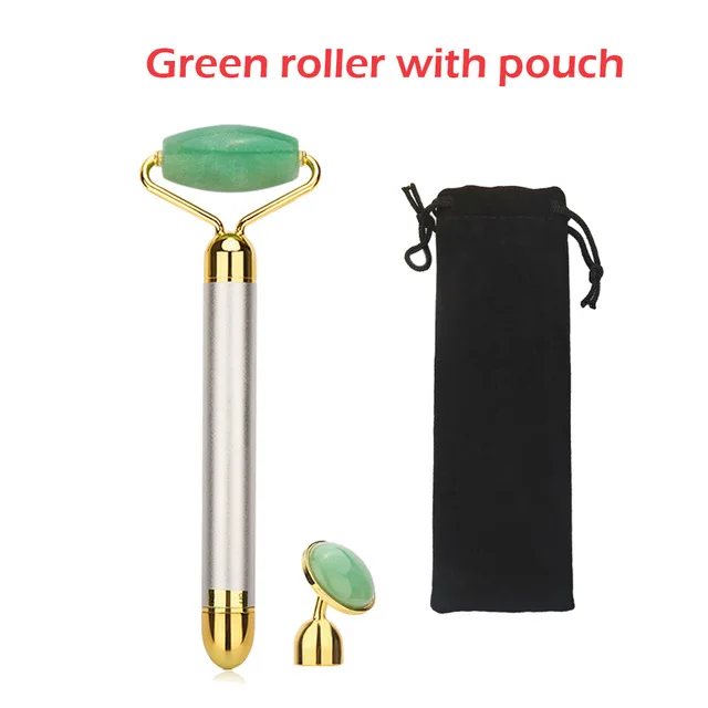 Green with pouch Электрический натуральный нефритовый роликовый массажер для лица, укрепляющий кожу, против морщин, двойной массажный ролик, Дерма-ролик, инструменты для ухода за кожей - Цвет: Green with pouch