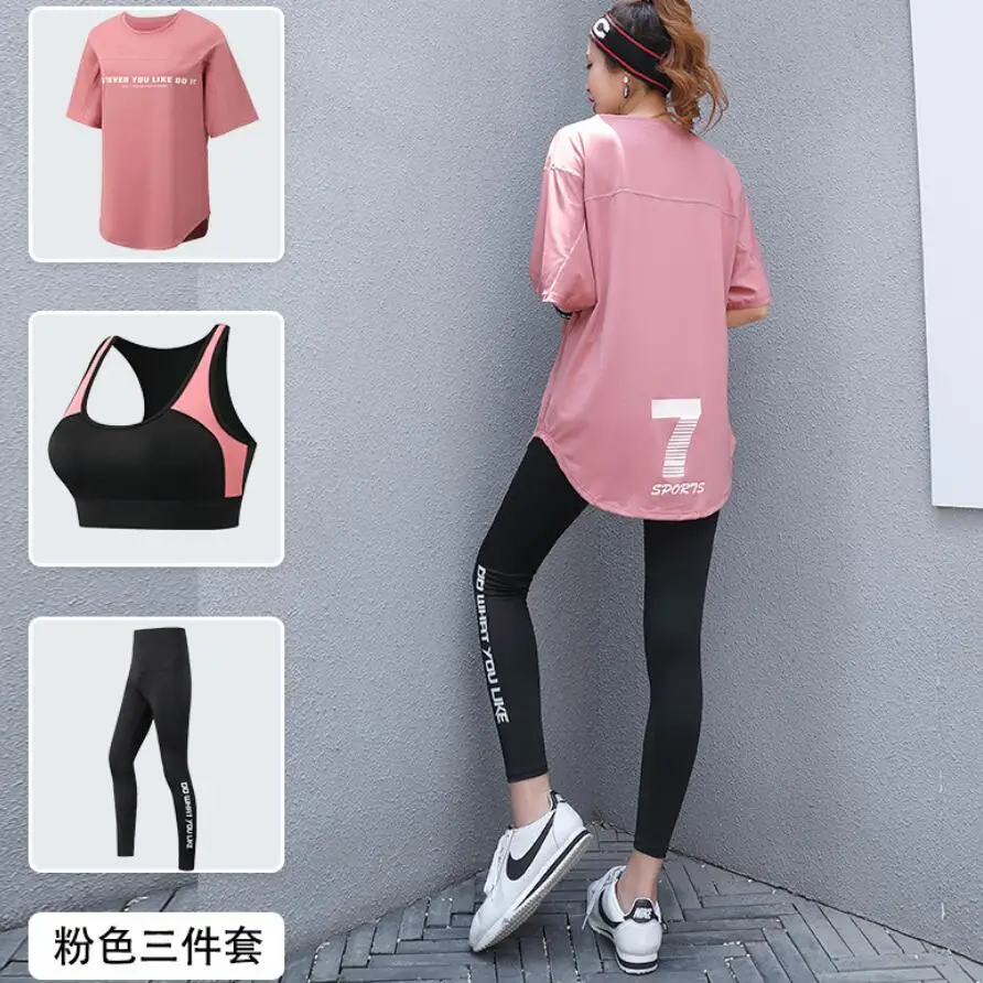 Plus Size Women Yoga Set T-Shirt Allentata + Reggiseno + Leggings Fitness Gym Suits Traspirante Sport Running Abbigliamento Tuta