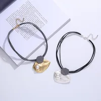 Amorcome Multistrand Leather Cord Necklace Pearls Irregular Alloy Metal Pendants Collar Womens Girls Teens Casual Jewelry Gift