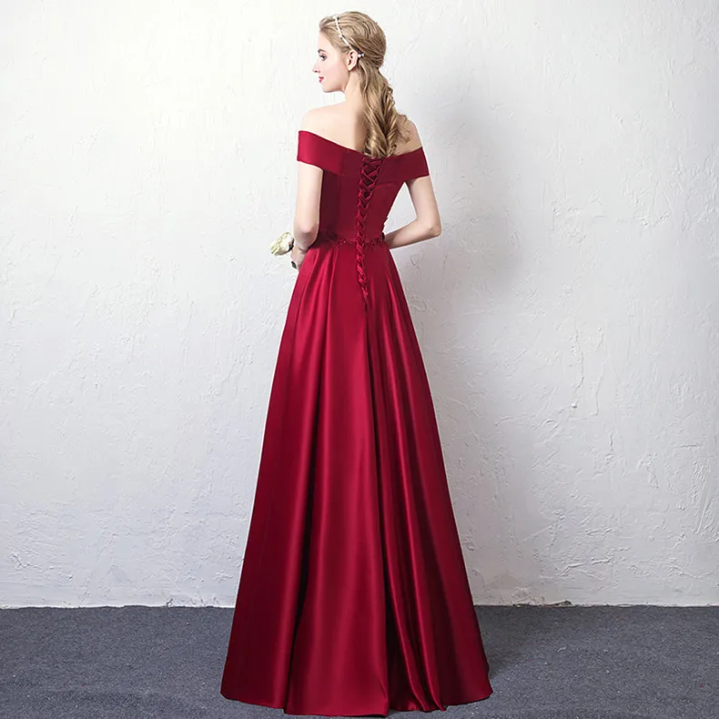 Robe De Soiree/ г. ТРАПЕЦИЕВИДНОЕ длинное бордовый вечернее платье с открытыми плечами атласное платье для девочек, vestido de festa, свадебные вечерние платья для выпускного вечера