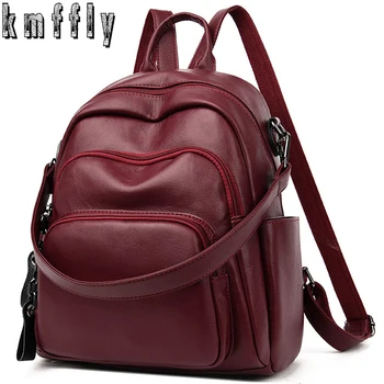 

Multi-layer Pocket Women Leather Backpacks High Quality Vintage Backpack For Girls School Bag Travel Bagpack Ladies Back Pack