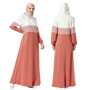 

Casual Sports Hooded Abaya Women Muslim Stripe Long Sleeve Dress Kaftan Robe Patchwork Sweatershirts Autumn Pockets Gown Fashion