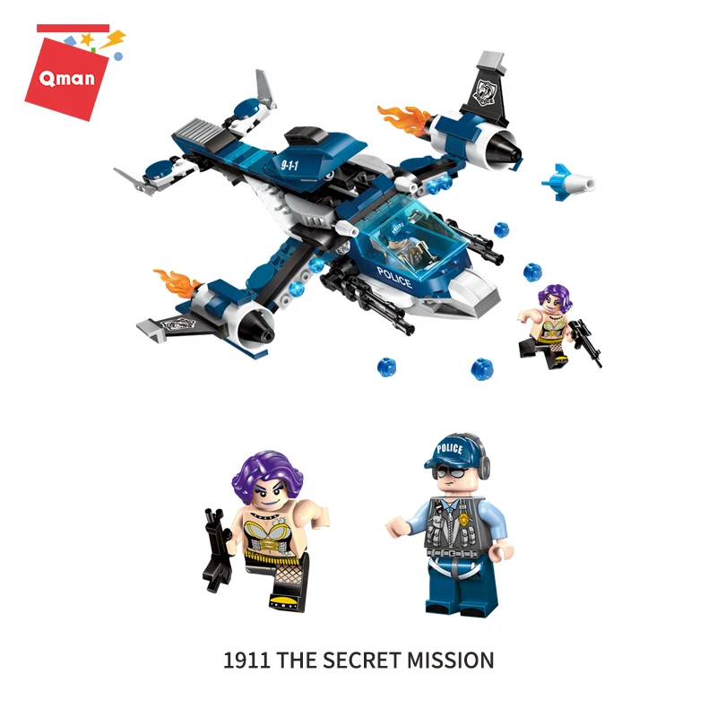 

QMAN City Police Secret Arrest series Building Block sets helicopter 2 Figures model Educational Bricks toys for children gift