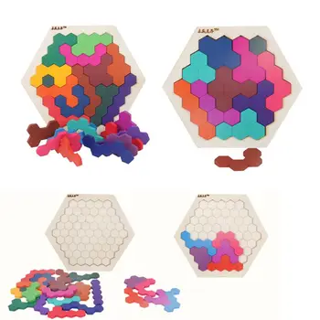 

Fun Kids Wooden Puzzles Colorful Hexagon Geometry Children Logic Table Game Toys G99C