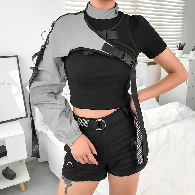 Rapwriter Fashion One Shoulder Plastic Buckle Long Sleeve Reflective Sweatshirt Women 2019 Fall Outwear Harajuku Halter Crop Top