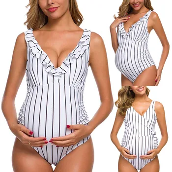 

Maternity Women Swimwear One Piece Swimsuit Pregnant Tankinis Stripe Bikinis Swimsuit Beachwear Ruffles Bathing Suits Swimwear