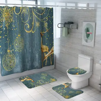 

Green Christmas Elk Printed Bath Screen Shower Curtain 180x180cm For Bathroom Waterproof Polyester Fabric Bath Curtains