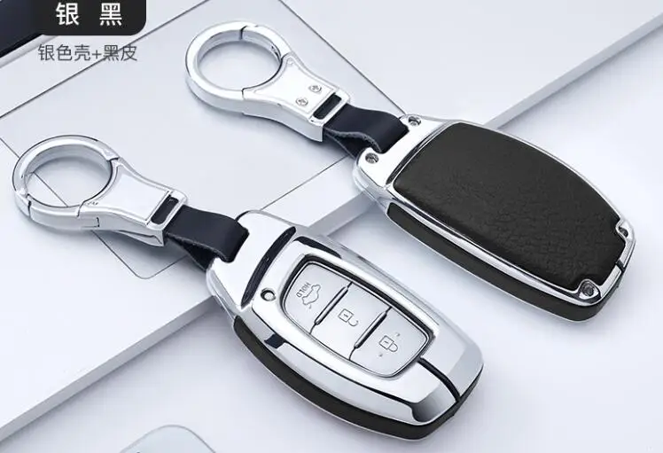 Silver Black Цинковый сплав+ натуральная кожа чехол для ключей автомобиля для hyundai Verna Sonata Elantra Tucson Auto Creta I10 I20 Santa Fe - Название цвета: Silver Black