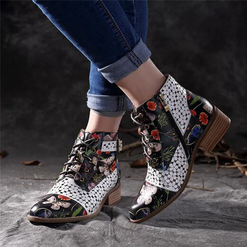 Baratos Botas de Invierno para Mujer Botas de tobillo de estilo étnico con estampado de flores zapatos de Mujer Botas de cuero PU hebilla de zapatos de tacón alto bombas Botas Mujer