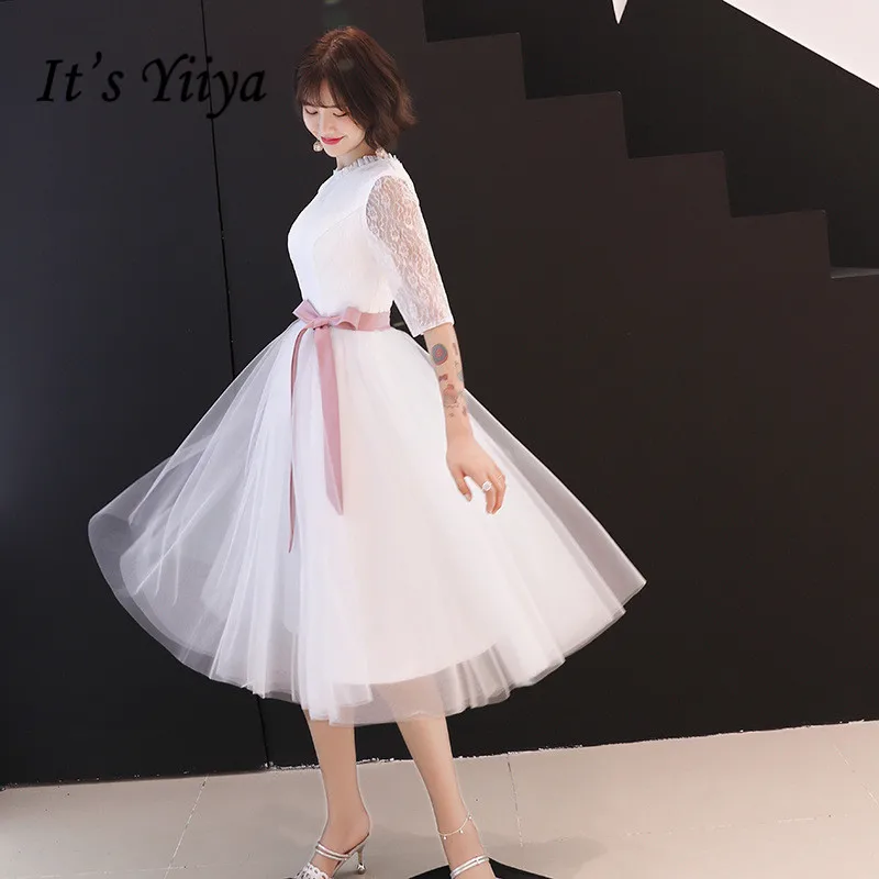 

Formal Prom Dresses It's Yiiya R243 Elegant O-neck Half Sleeve Tea Length Party Gowns 2020 Lace A Line Vestido De Fiesta