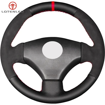 

LQTENLEO Black Genuine Leather Suede DIY Car Steering Wheel Cover For Peugeot 206 1998-2005 206 SW 2003-2005 206 CC 2004 2005