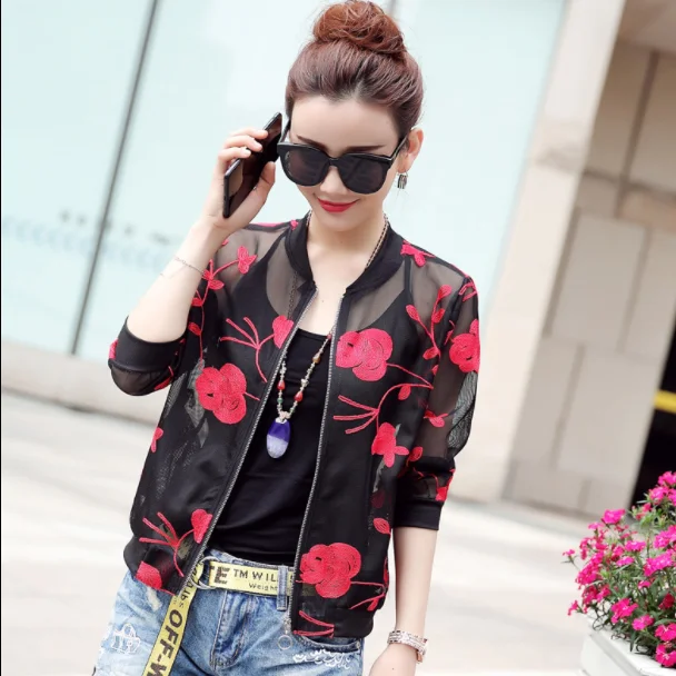 Summer Embroidery Short Jacket Women Sun Protection Clothes Sweet Thin Coat Baseball Bomber Chaqueta Mujer DA421 | Женская одежда