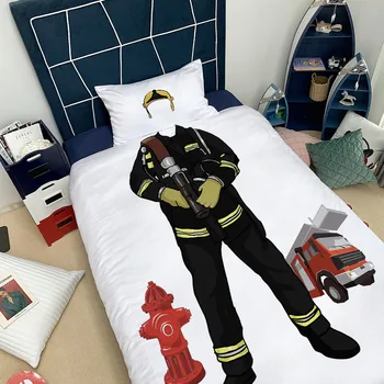 

Firemen Single Duvet Cover Set Kids White Background Cartoon Theme Bed Linen Set with Pillowcase Happy New Year Gift for Friend