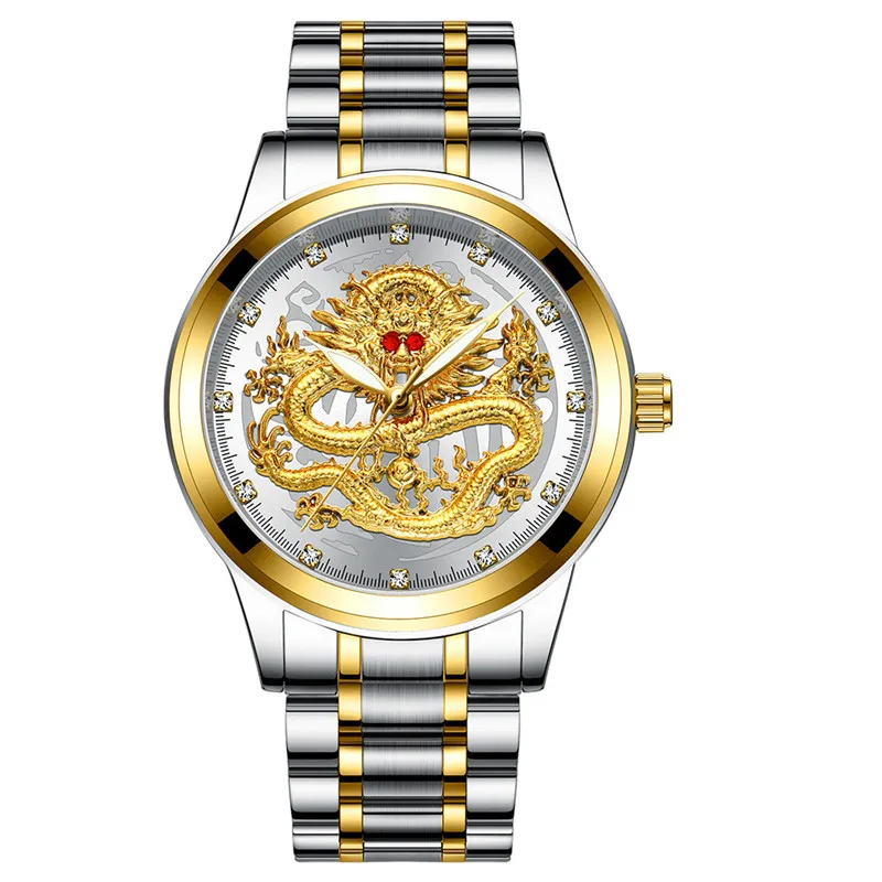 Relogio Masculino модные повседневные часы мужские водонепроницаемые кварцевые наручные часы люксовый бренд красные стразы часы с изображением дракона Мужские - Цвет: tone gold white