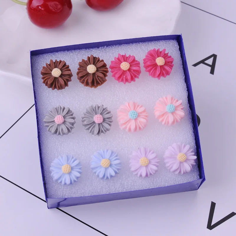 8Seasons New Fashion Colorful Rose Chrysanthemum Flower Plastic Stud Earrings Set For Women Party Club Earrings Jewelry,1Set - Metal Color: 6